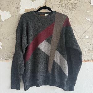 Vtg 80s Sweater Geometric Colorblock Knit Heathered Gray Mens L Botany 500 Retro